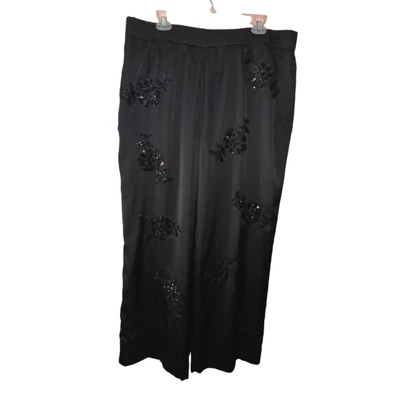 Ann Taylor Black Sequin Satin‎ Floral Pants Plus Size XXL Classic Luxury Glamour - Picture 1 of 8